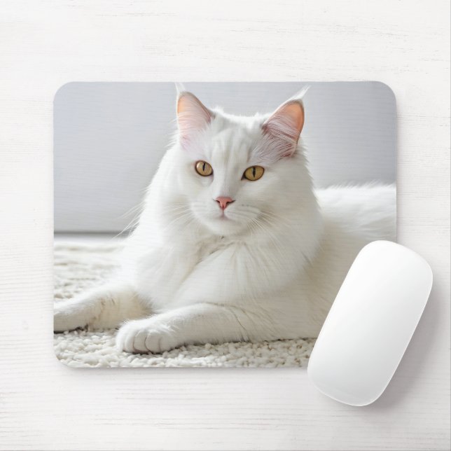 White Cat Posing On White Carpet Mouse Pad (With Mouse)