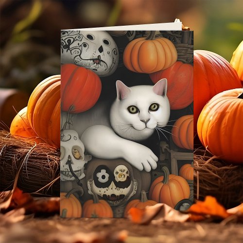 White Cat Pumpkins Calavera Artistic Halloween Holiday Card