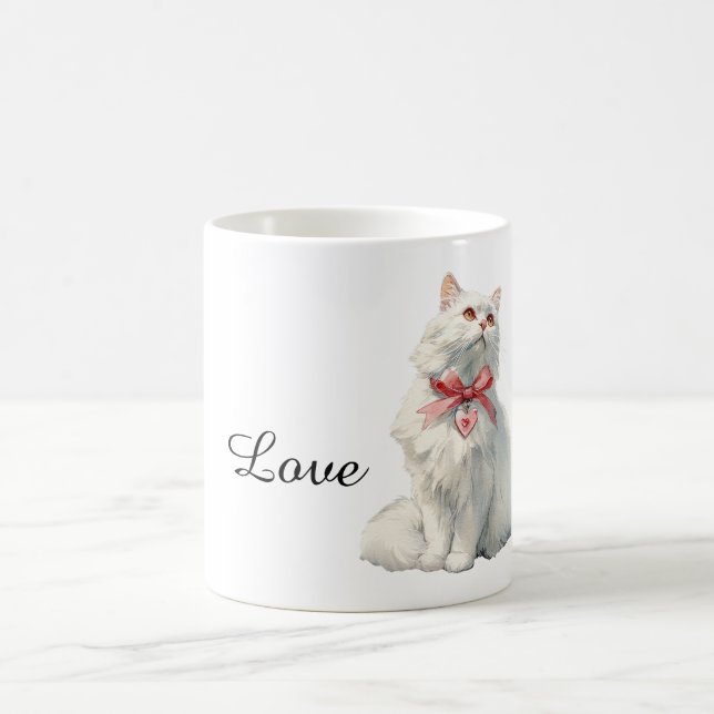 White Cat Red Bow Heart Charm Coffee Mug (Center)