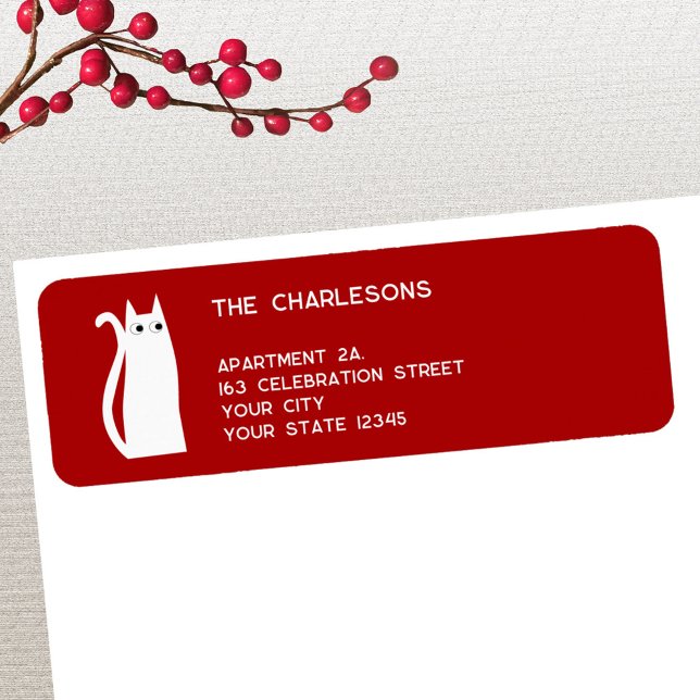 White Cat Red Holiday Return Address Label (Festive red white cat personalized return address label for Christmas and the winter holidays)
