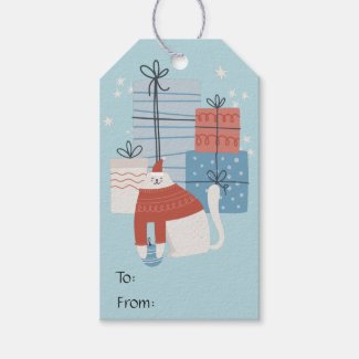 White cat red sweater presents gifts ornaments