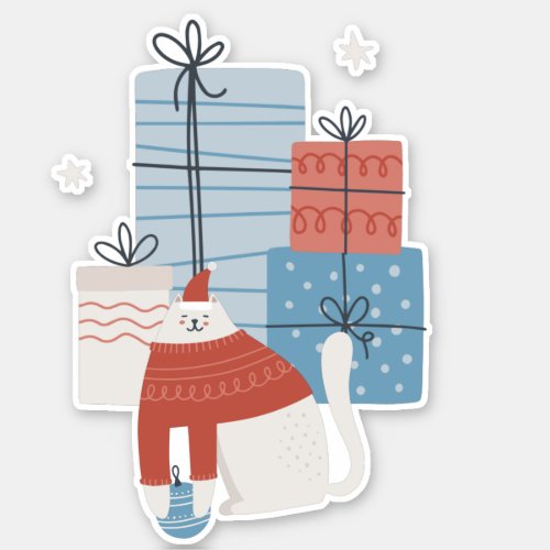 White cat red sweater presents gifts ornaments sticker