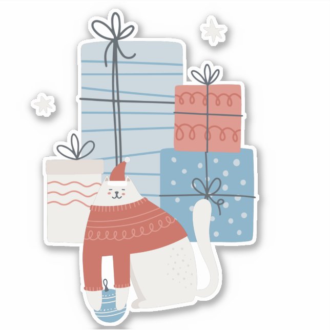 White cat red sweater presents gifts ornaments sticker (Front)