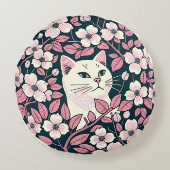 White Cat                                          Round Pillow by ellesgreetings at Zazzle