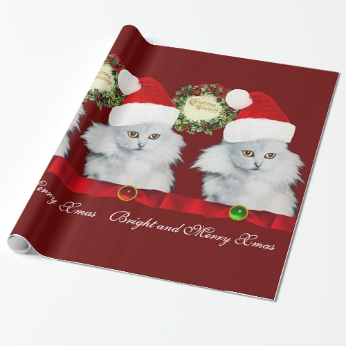 WHITE CATSANTA CLAUS HAT AND CHRISTMAS CROWNS WRAPPING PAPER