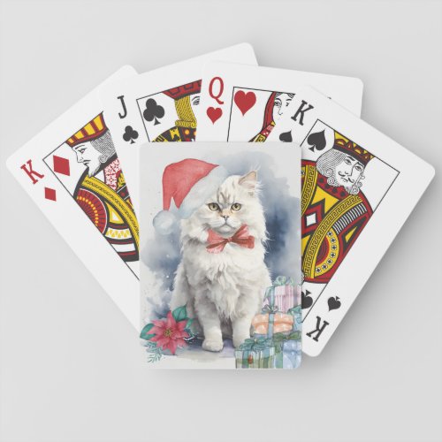 White Cat Santa Hat Gifts Poinsettia Christmas  Playing Cards