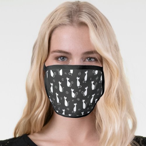 White Cat Silhouette Pattern on Black Face Mask