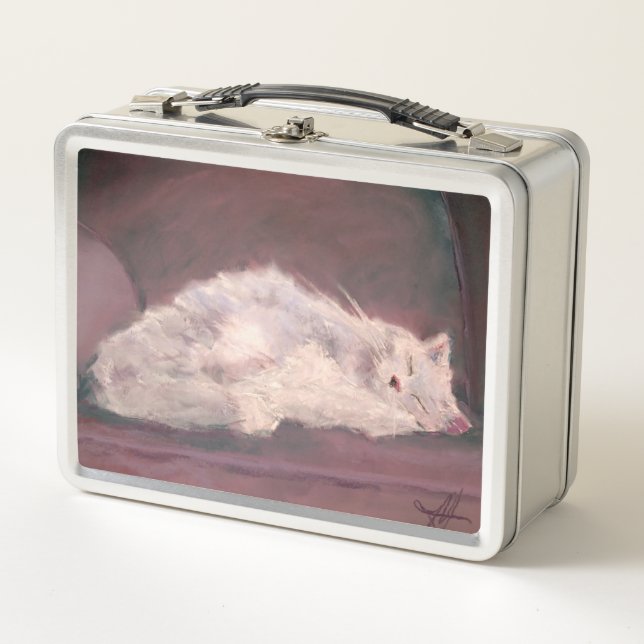 White Cat Sleeping Maureen Girard Metal Lunch Box (Front)