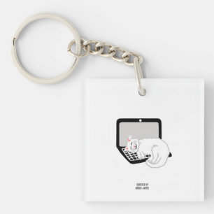 White Cat Sleeping On Laptop Square Keychain