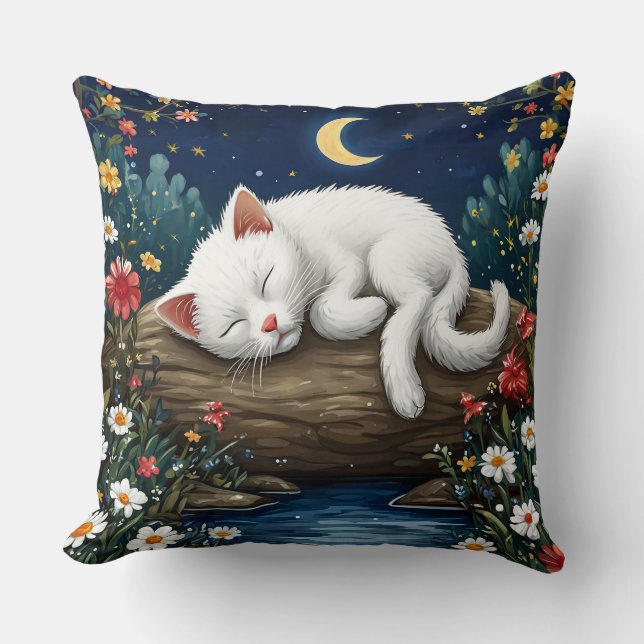 White Cat Sleeping on Log in Flower Garden Throw Pillow (Front)