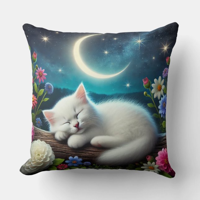 White Cat Sleeping Peacefully Outdoors Throw Pillow (Front)