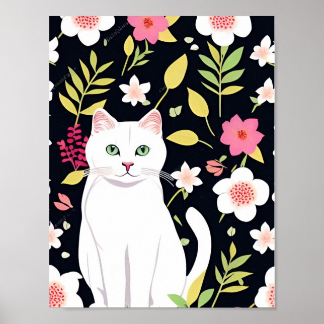 White cat smiling amid flowers seamless pattern poster (Front)