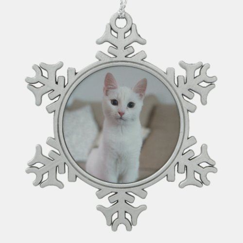 White cat snowflake pewter christmas ornament