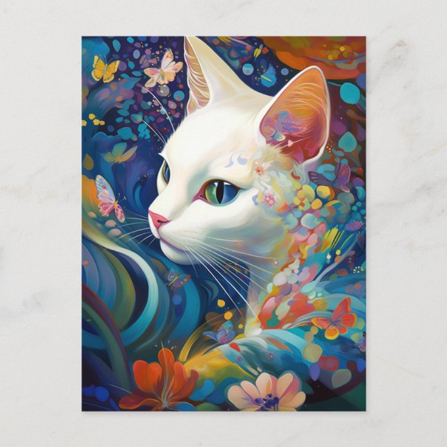 White Cat Surreal Beautfiul Fantasy Art Postcard (Front)