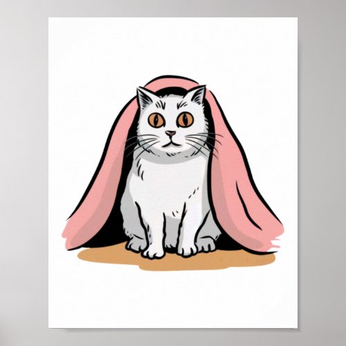 White Cat Under A Pink Blanket Sticker 
