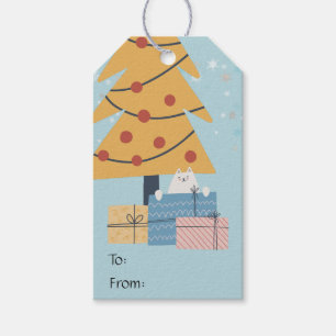 White cat under Christmas tree presents gifts Gif Gift Tags