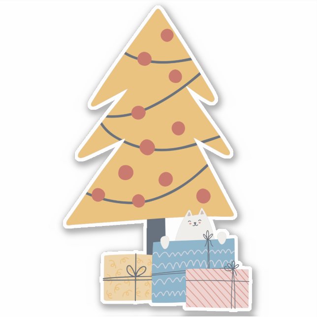 White cat under Christmas tree presents gifts Sticker (Front)