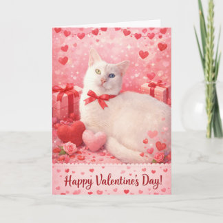 White cat valentine's day hearts card