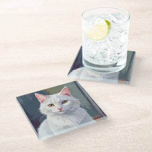 White Cat Watercolor Cat Pet Painting Glass Coaster