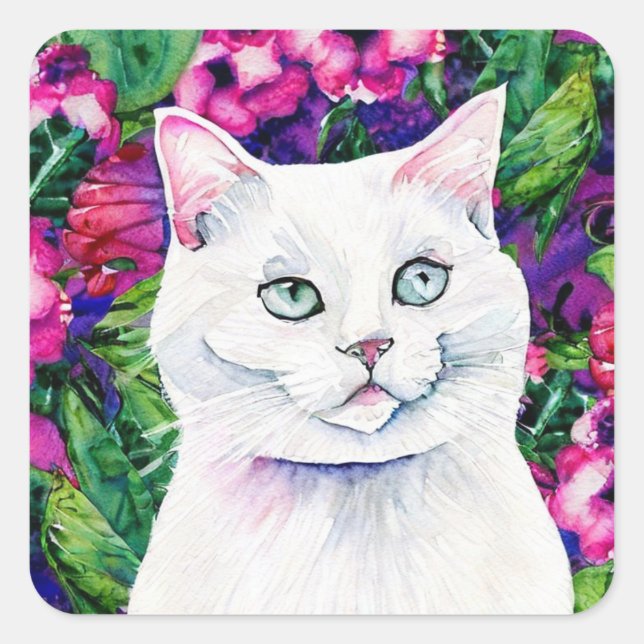 White Cat Watercolour Square Sticker (Front)
