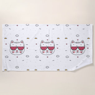 White cat watermelon glasses funny beach towel