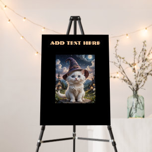 White Cat Wearing a cap with a Halloween moonlit Foam Board