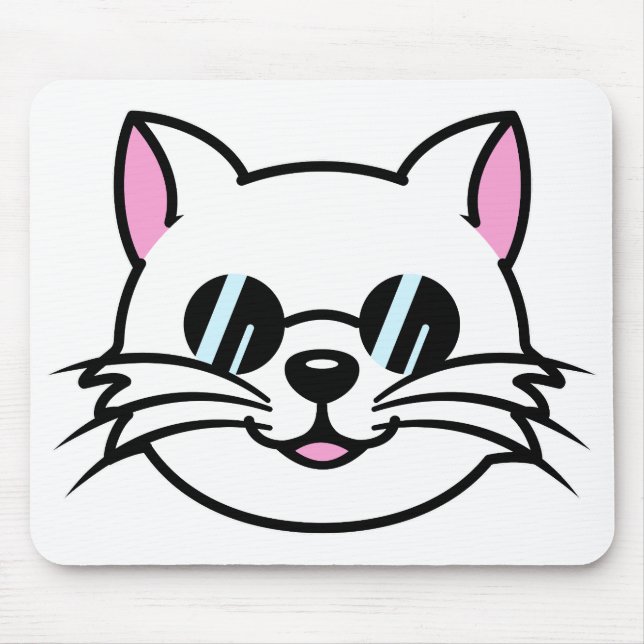White Cat Wearing Black Glasses / Sunglasses Mouse Pad (Front)