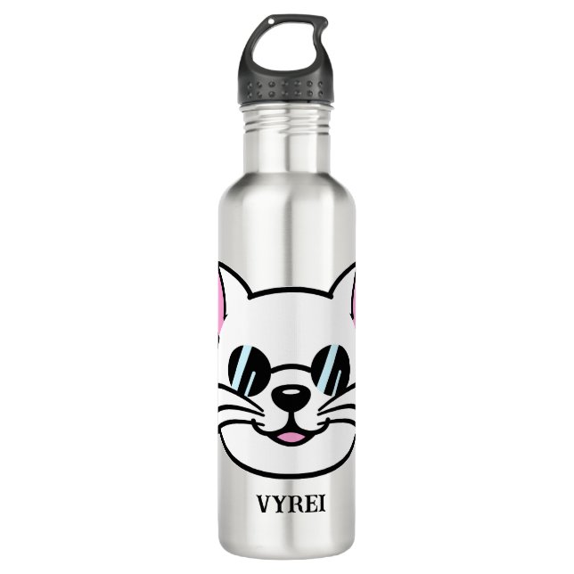 White Cat Wearing Black Glasses / Sunglasses Stainless Steel Water Bottle (Front)