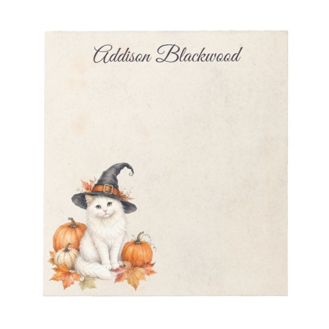White Cat Witch Hat Autumn Pumpkins Personalized Notepad (Front)