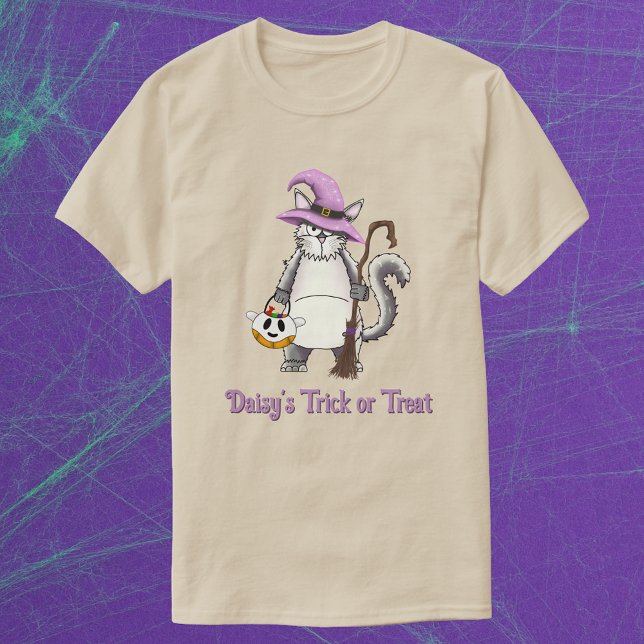 White Cat Witch Whimsical Halloween Treat Unisex T-Shirt (White Cat Witch Broom illustration. Cute spooky season  t-shirt. Personalised halloween gift)