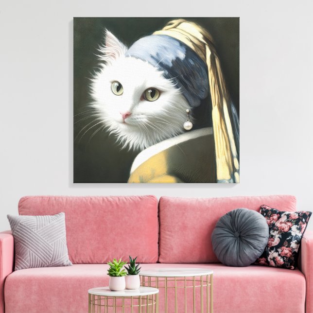 White Cat With a Pearl Earring Canvas Print (Insitu(LivingRoom))