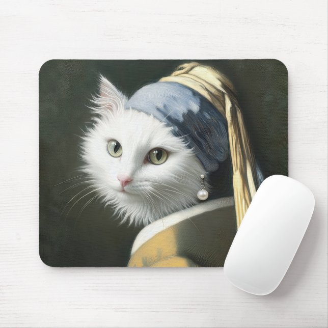 White Cat With a Pearl Earring Mouse Pad (With Mouse)