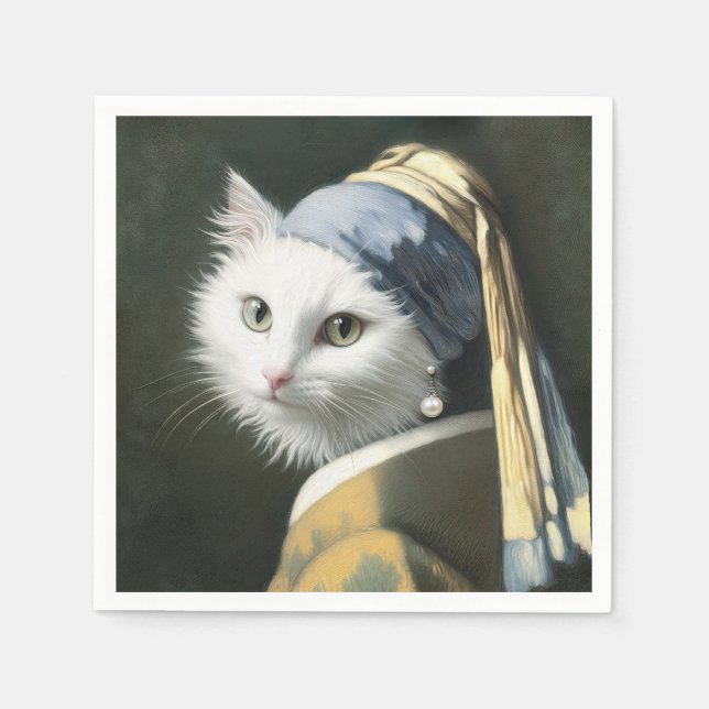 White Cat With a Pearl Earring Painting Napkins (Front)