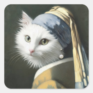 White Cat With a Pearl Earring Painting Square Sticker