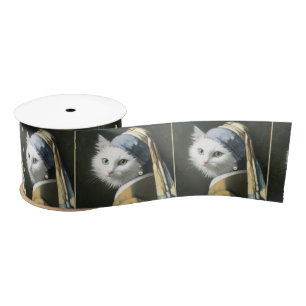 White Cat With a Pearl Earring Portrait Satin Ribbon
