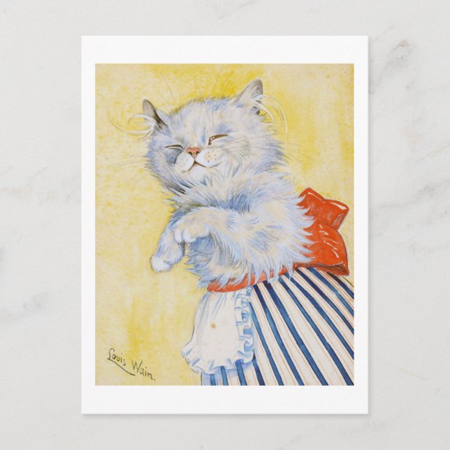 White Cat with Apron, Louis Wain Postcard (Front)