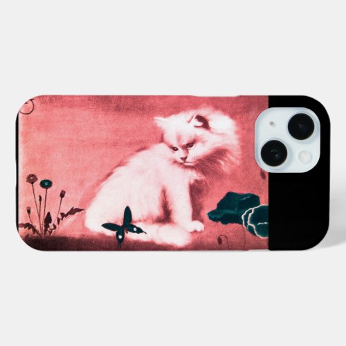 WHITE CAT WITH BLACK BUTTERFLY IN PINK iPhone 15 CASE