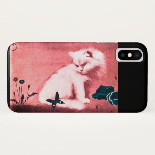 WHITE CAT WITH BLACK BUTTERFLY IN PINK iPhone X CASE