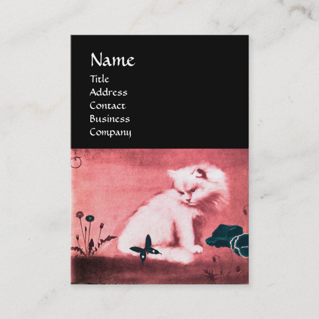 WHITE CAT WITH BLACK BUTTERFLY MONOGRAM pink pearl Business Card (Front)