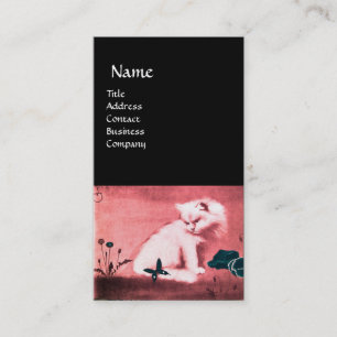 WHITE CAT WITH BLACK BUTTERFLY MONOGRAM pink pearl Business Card
