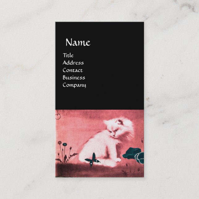 WHITE CAT WITH BLACK BUTTERFLY MONOGRAM pink pearl Business Card (Front)