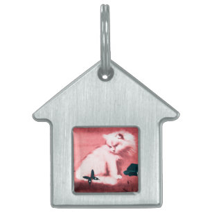 WHITE CAT WITH BLACK BUTTERFLY,pink Pet Tag