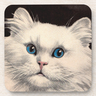 white cat with blue eyes beverage coaster