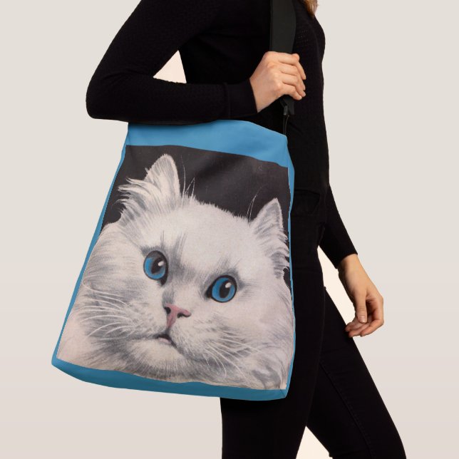 white cat with blue eyes crossbody bag (Close Up)