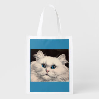 white cat with blue eyes grocery bag