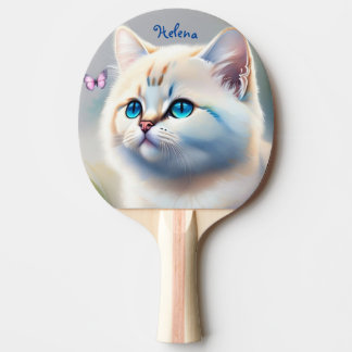 white cat with blue eyes ping pong paddle