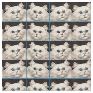 white cat with blue eyes print fabric
