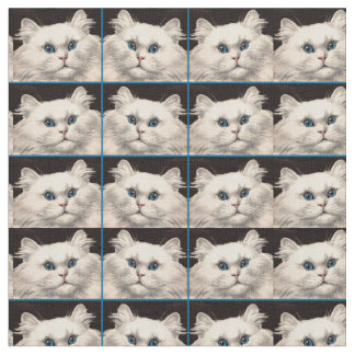 white cat with blue eyes print fabric