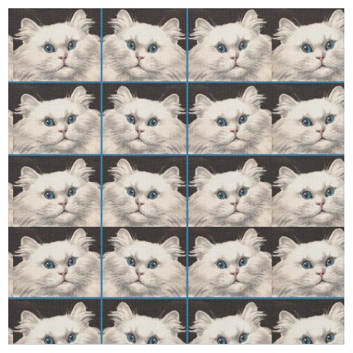 white cat with blue eyes print fabric