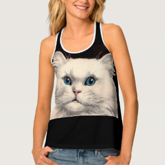 white cat with blue eyes print tank top